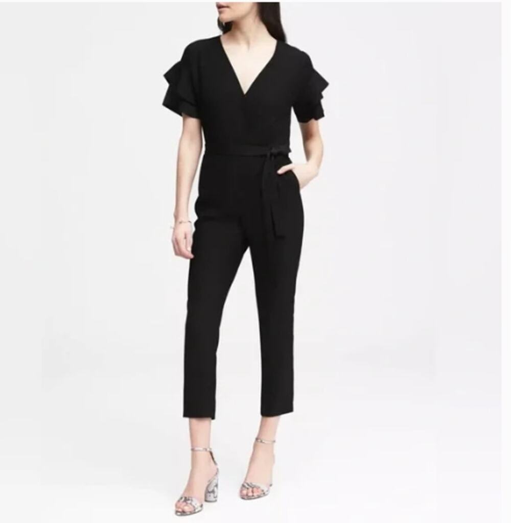 BANANA REPUBLIC Black Short Ruffle Sleeve Belted V-Neck Jumpsuit // 2
